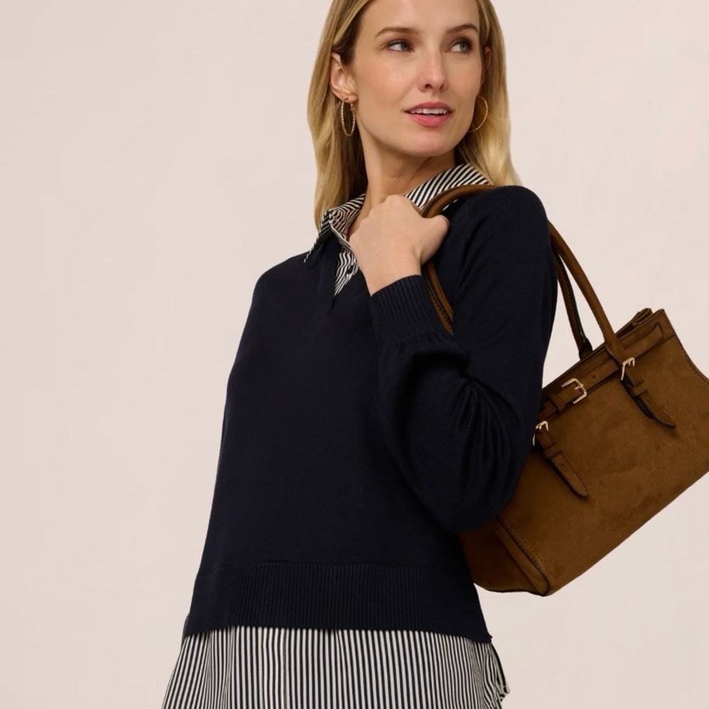Adrianna Papell Navy and White 2-in-1 Blouse - Picture 3 of 6